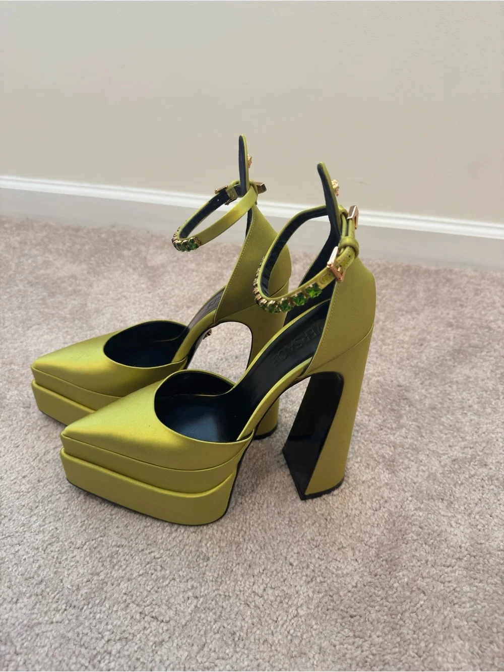 Versace Olive Green Platform Ankle-Strap Pumps with Embellished Buckle